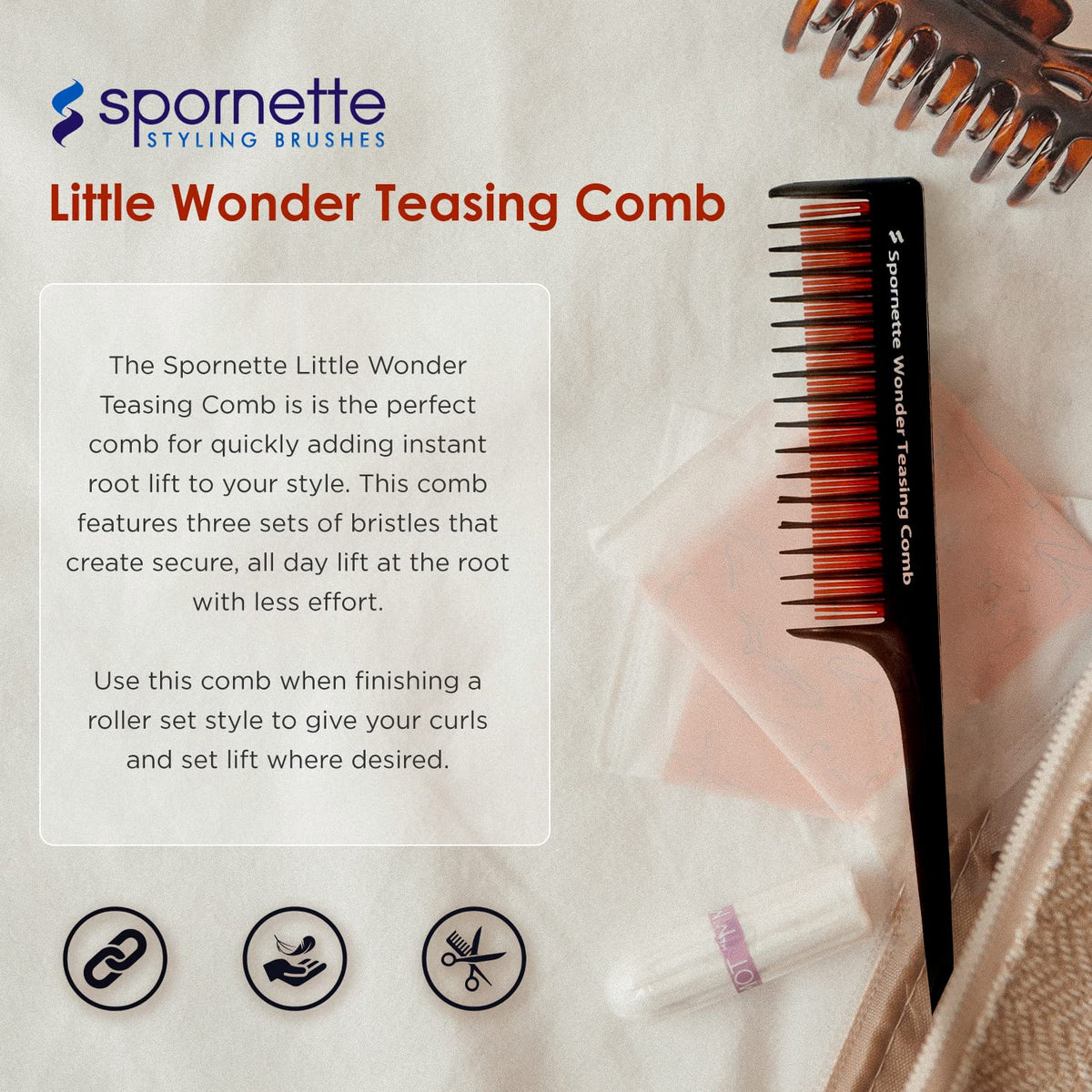 SPORNETTE close-up of comb teeth shows multi-length design for faster root lift and grip