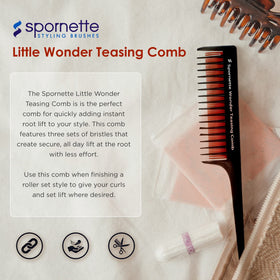 SPORNETTE close-up of comb teeth shows multi-length design for faster root lift and grip