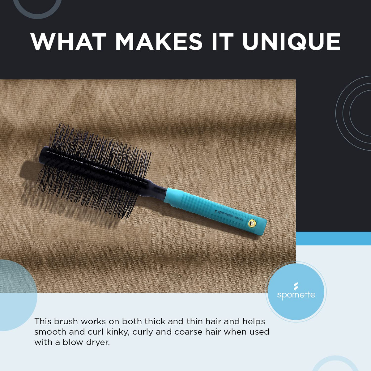SPORNETTE bristle detail with double ball-tipped nylon bristles to reduce snagging and static