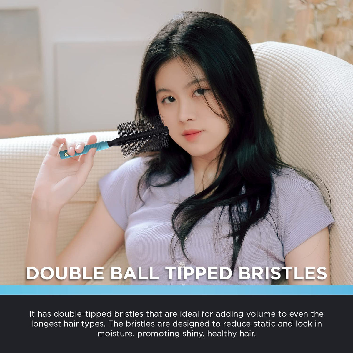 SPORNETTE brush in use with blow dryer creating smooth, voluminous blowout on damp hair