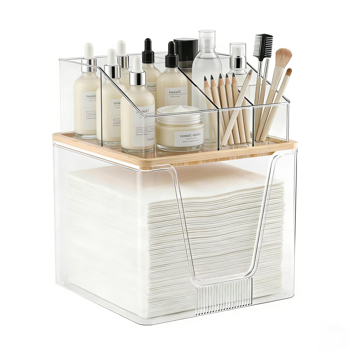 spospo clear acrylic front view showing stacked towel and makeup storage, neat countertop benefit