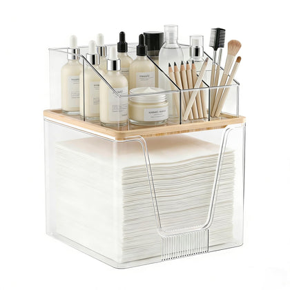 spospo clear acrylic front view showing stacked towel and makeup storage, neat countertop benefit
