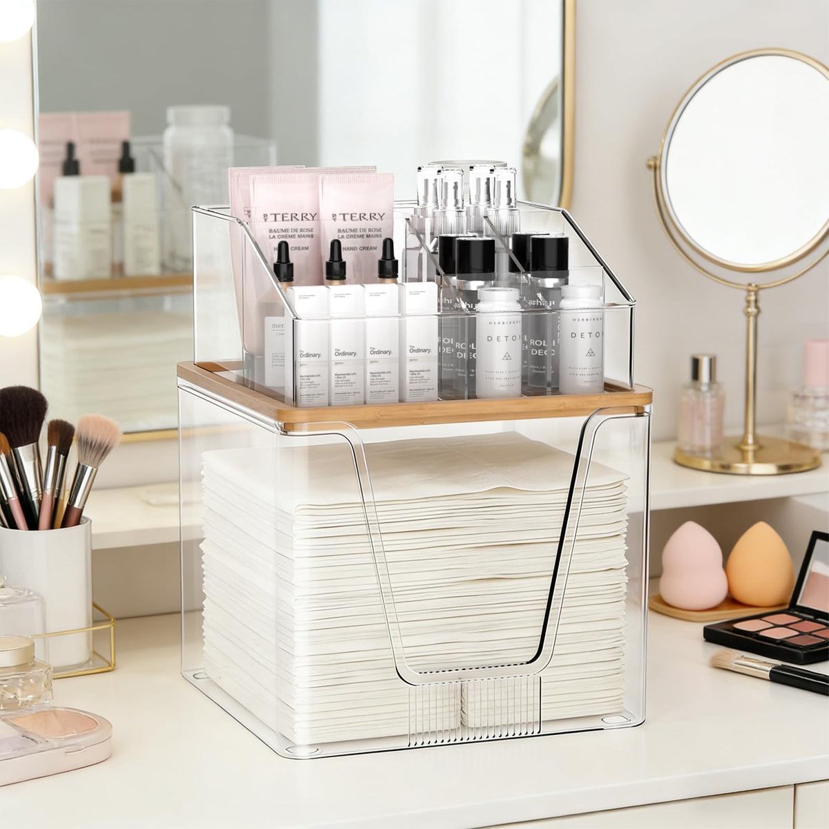 spospo on styled vanity with skincare bottles, aesthetic organization benefit