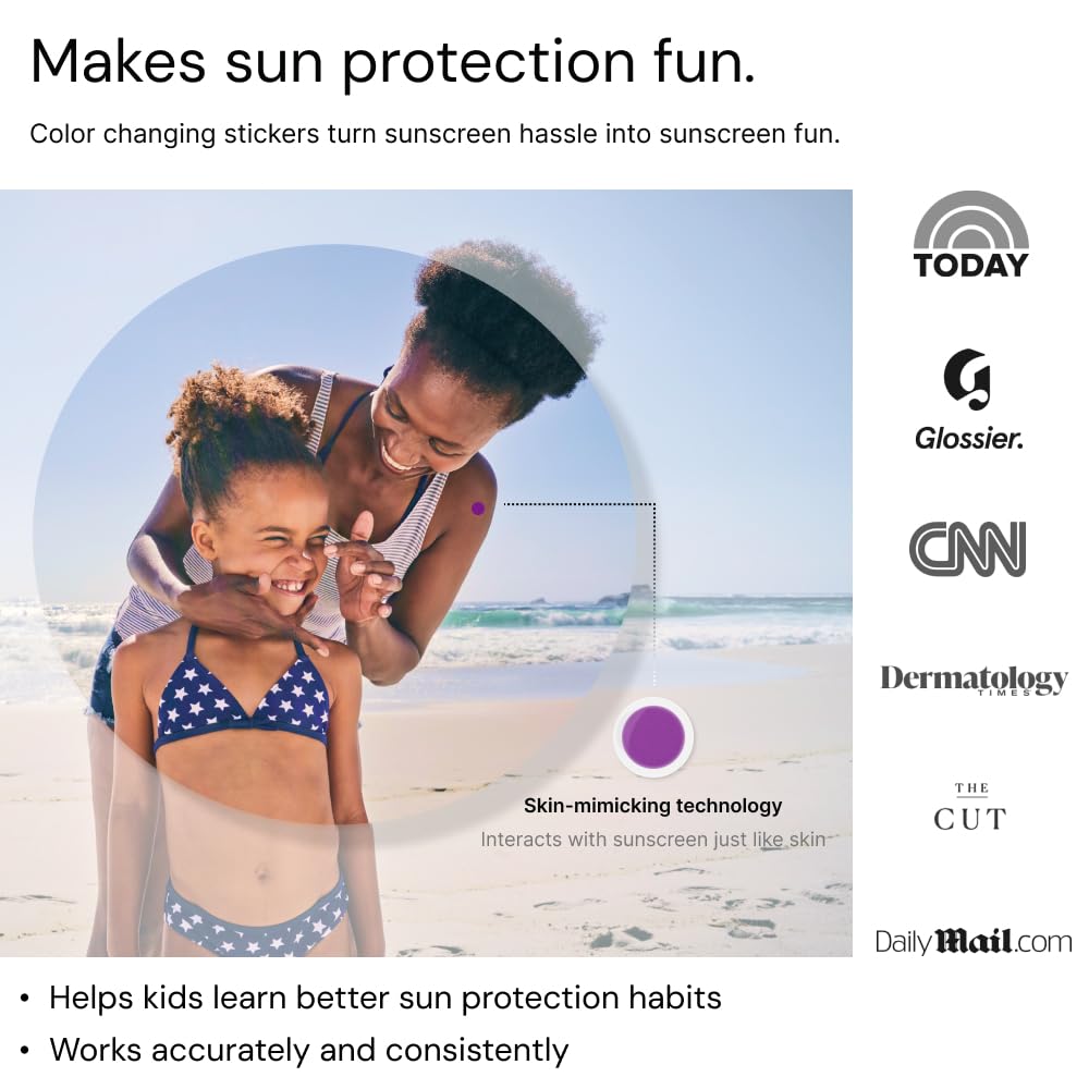 SPOTMYUV family on beach with stickers visible, helps keep kids safer outdoors