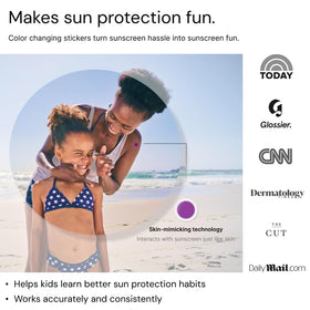 SPOTMYUV family on beach with stickers visible, helps keep kids safer outdoors