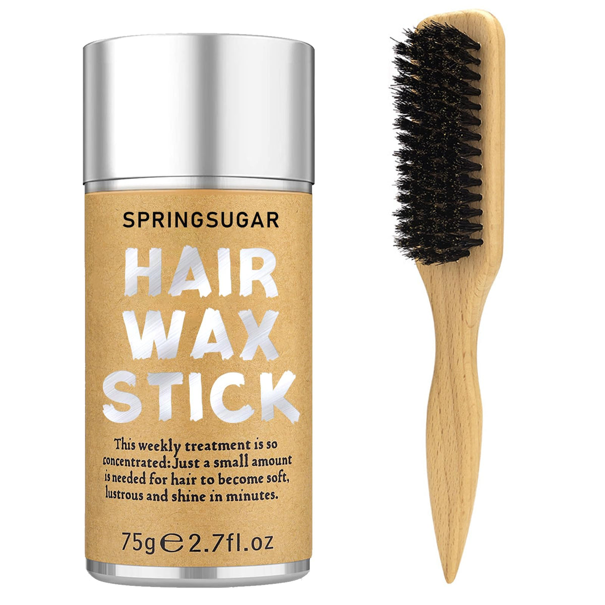 SPRINGSUGAR front packaging showing brush and wax pair for neat styling