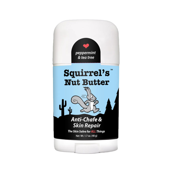Squirrel's Nut Butter front packaging showing compact anti-chafe stick for easy carrying