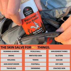 Squirrel's Nut Butter in a runner's pack on trail showcasing outdoor protection