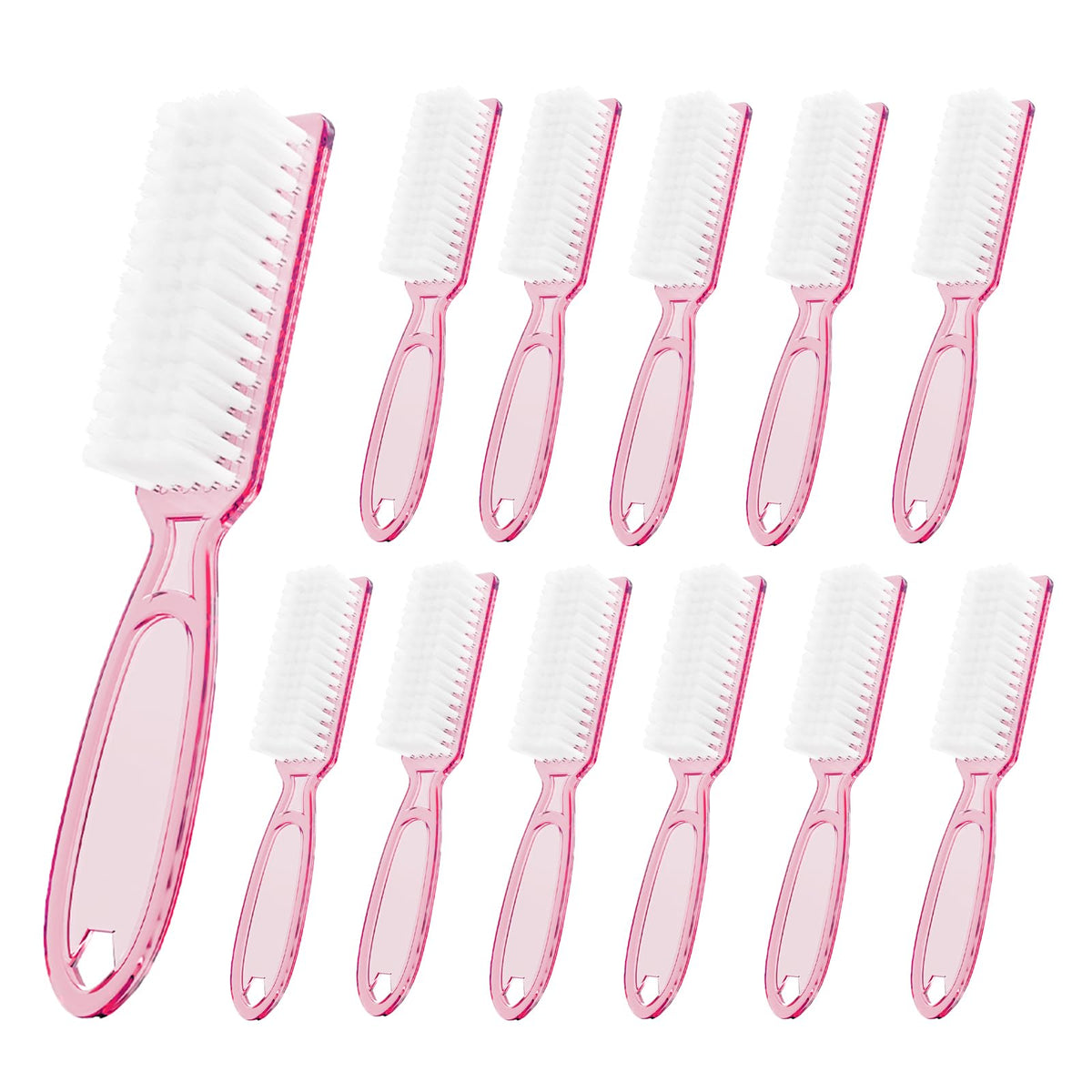 SQULIGT front view of 12 clear pink brushes showing pack and handles for convenient storage
