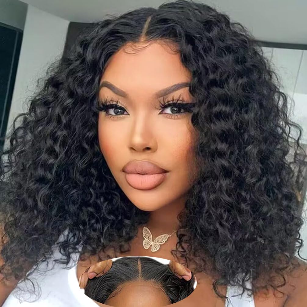 srakuw front view 14 inch water wave bob showing natural silhouette and quick wear