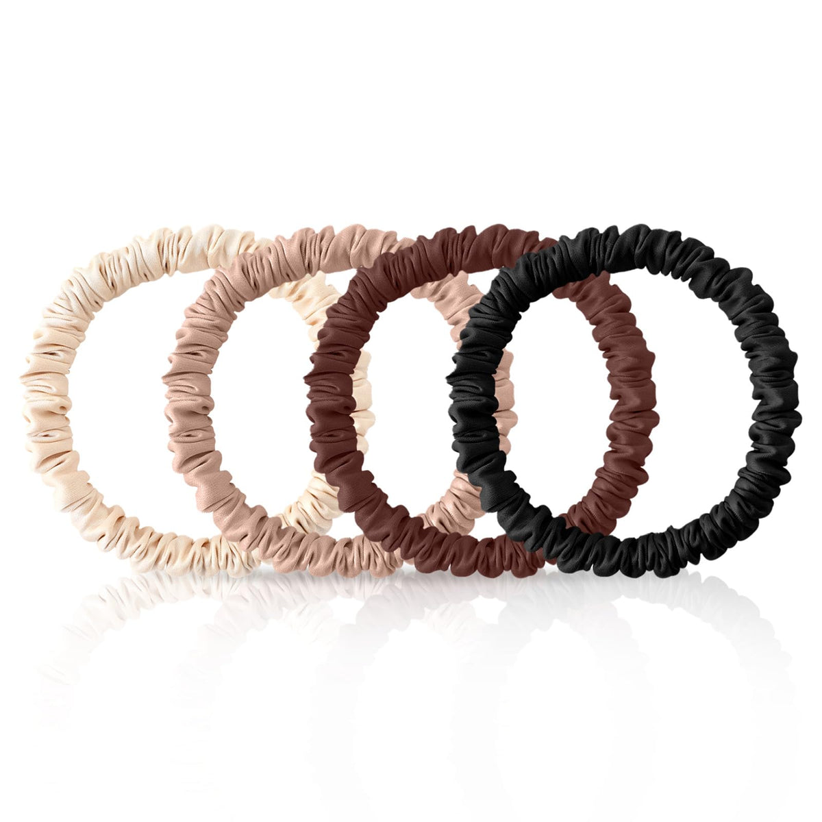 Srevela front packaging showing four silk scrunchies neatly boxed and ready