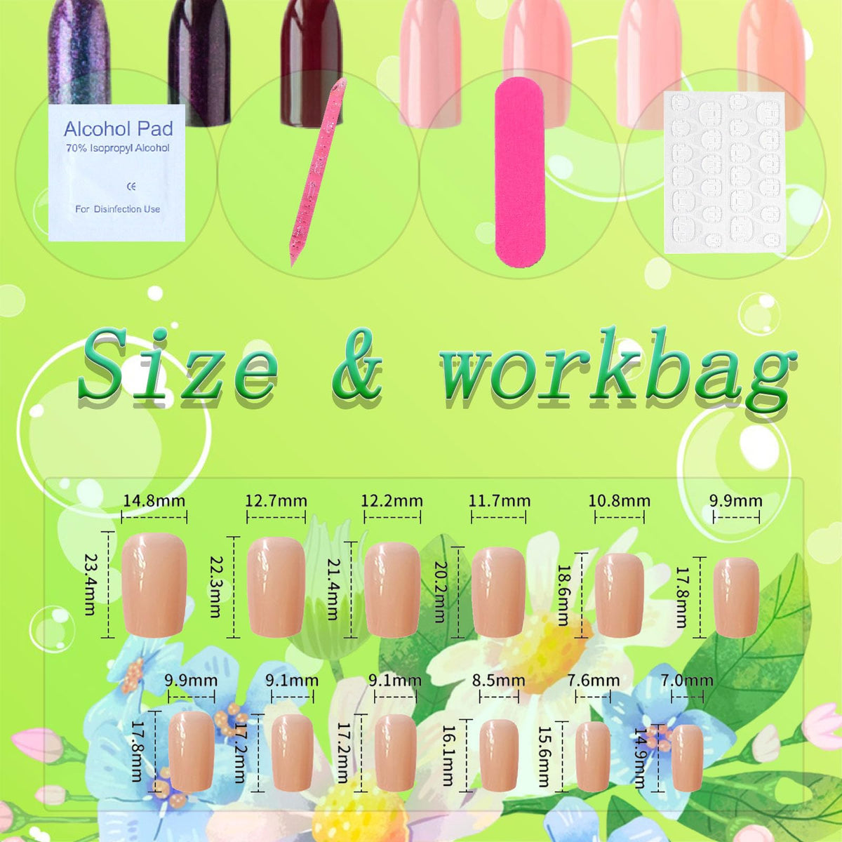 SRIMNUYY size comparison chart with nails aligned to show fitting options for each finger