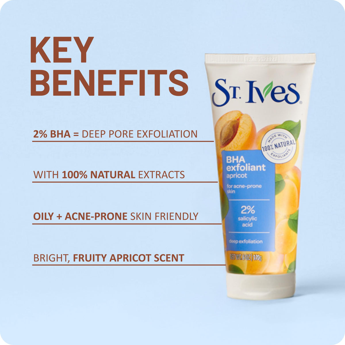 St. Ives apricot extract and apricot pit powder showing natural exfoliants and nourishment