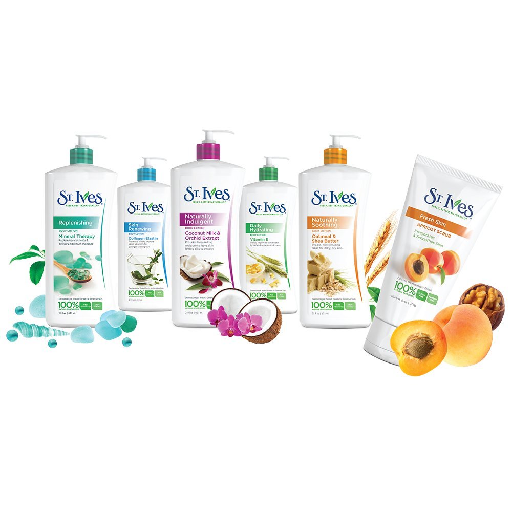 St. Ives 21 fl oz bottle held next to hand showing product size and value