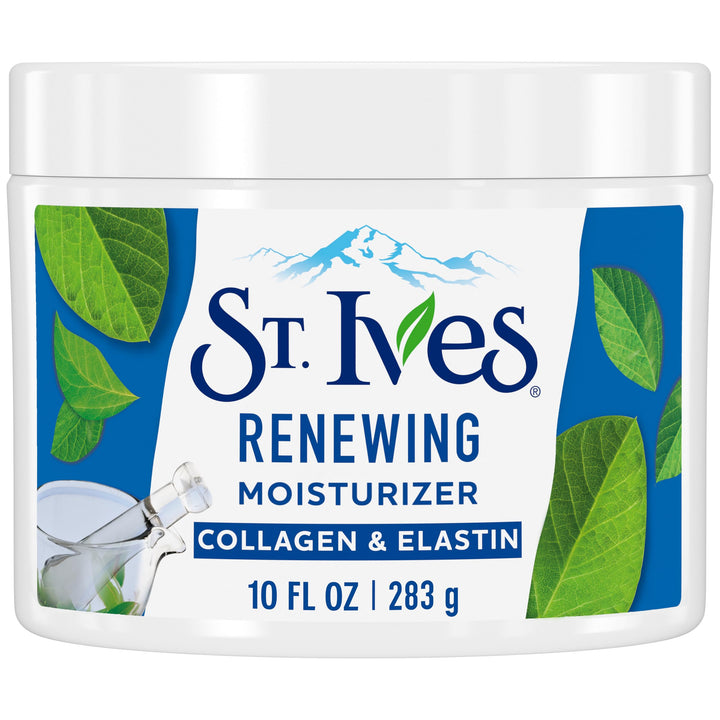 St. Ives front jar showing collagen and elastin for renewing hydration