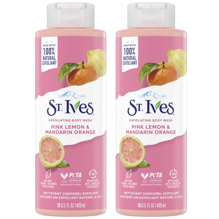 St. Ives front packaging showing pink lemon and mandarin scent and bright benefit