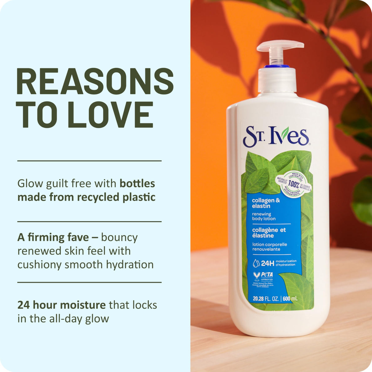 St. Ives bottle next to common items showing 21 fl oz scale and value benefit