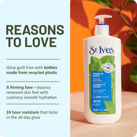 St. Ives bottle next to common items showing 21 fl oz scale and value benefit