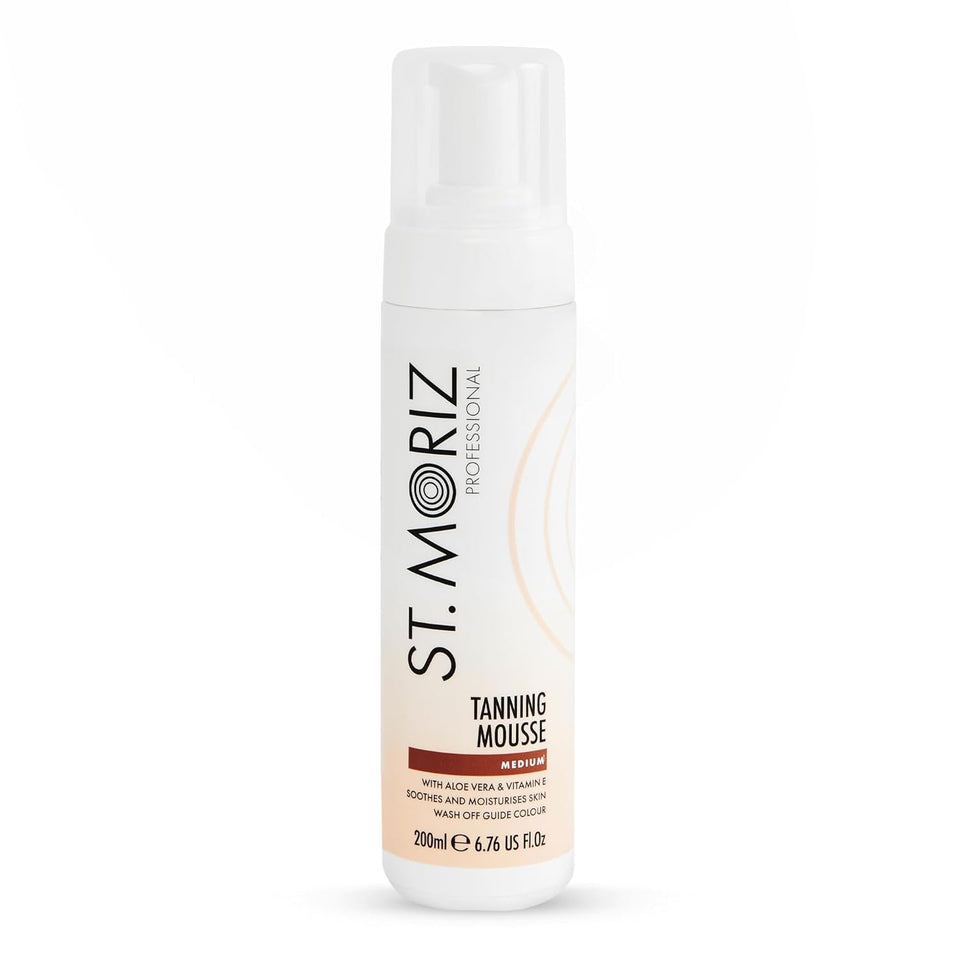 St. Moriz medium mousse front bottle showing packaging and benefits