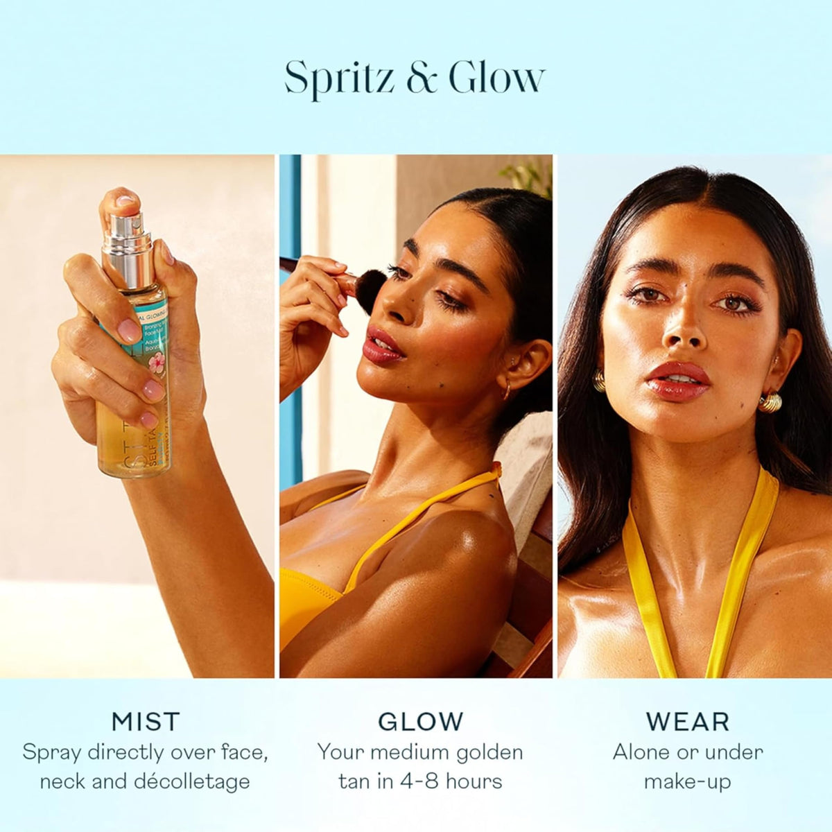 St.Tropez being sprayed on neck and decolletage for an even glow
