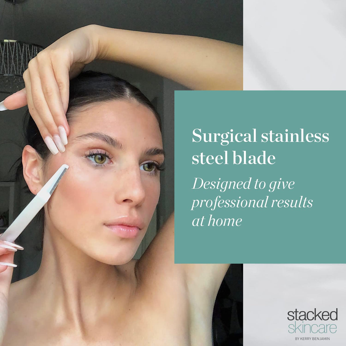 StackedSkincare blade beside ruler showing compact size and convenient portability benefit