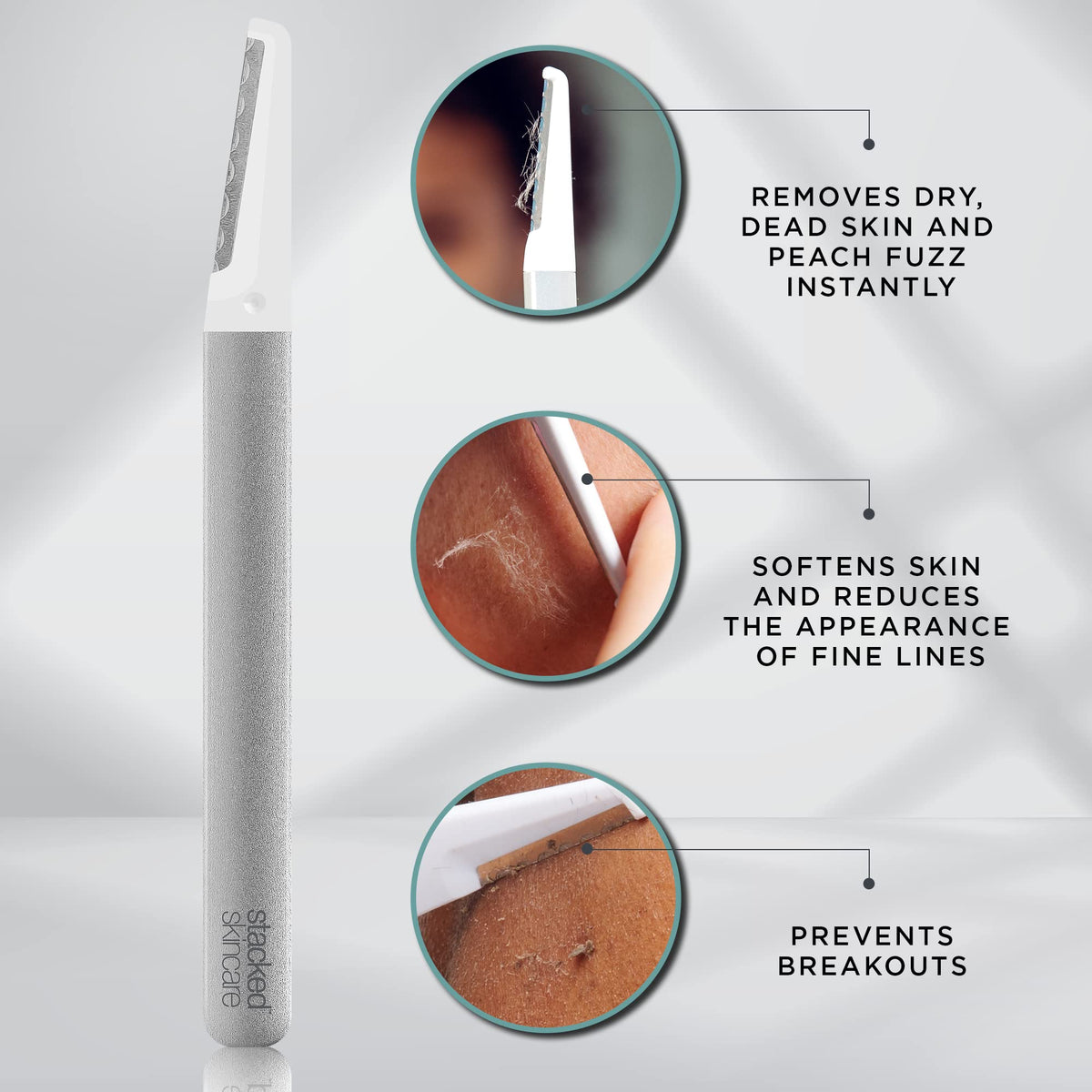 StackedSkincare shown in use along jawline illustrating smooth peach fuzz removal benefit