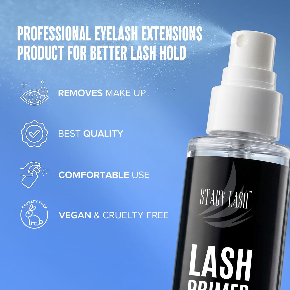 STACY LASH bottle in hand for size comparison and convenient salon use benefit