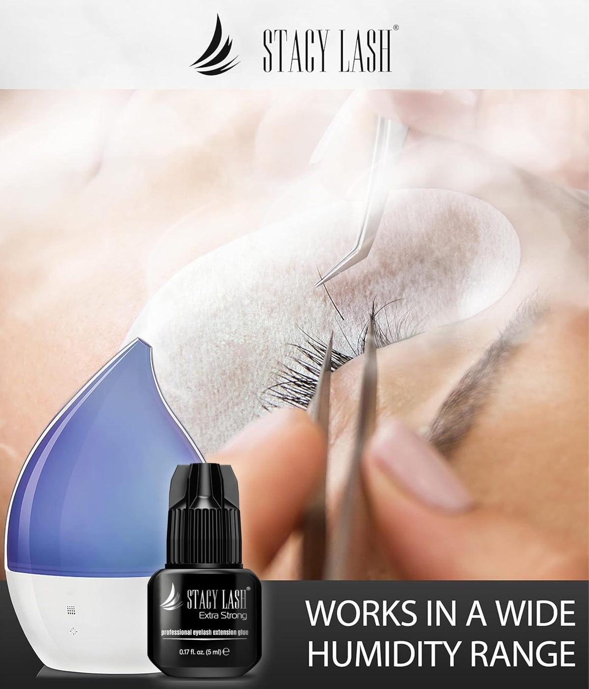 STACY LASH label detail highlighting fast 0.5–1s set and professional strength