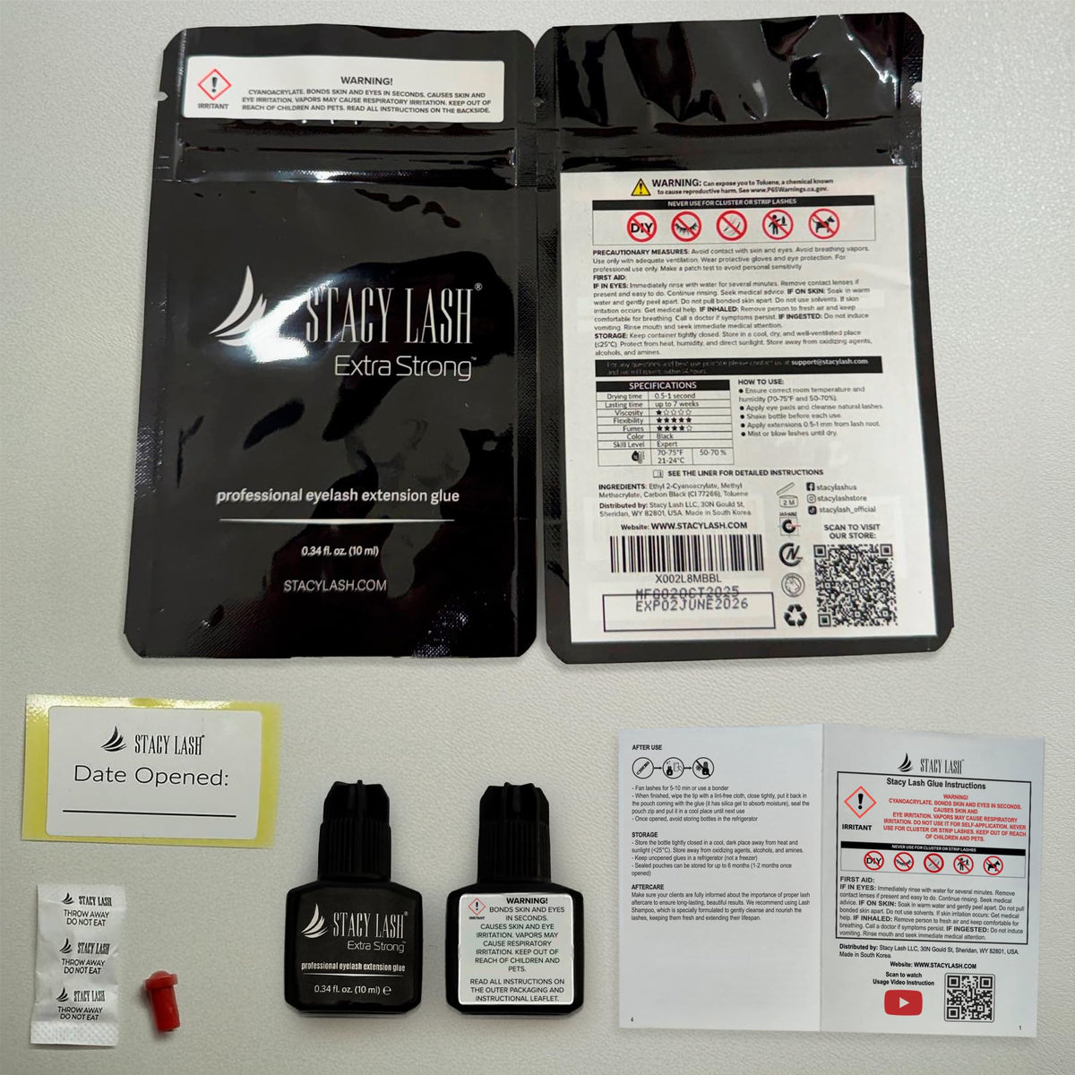 STACY LASH label close-up showing black adhesive and safety information