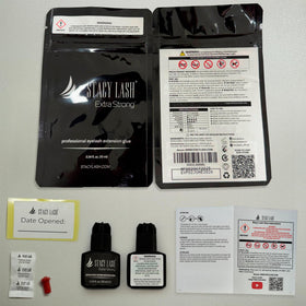 STACY LASH label close-up showing black adhesive and safety information