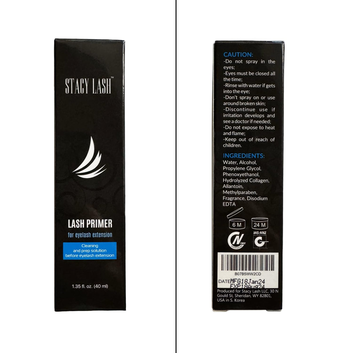 STACY LASH label ingredient closeup showing product information and client safety benefit
