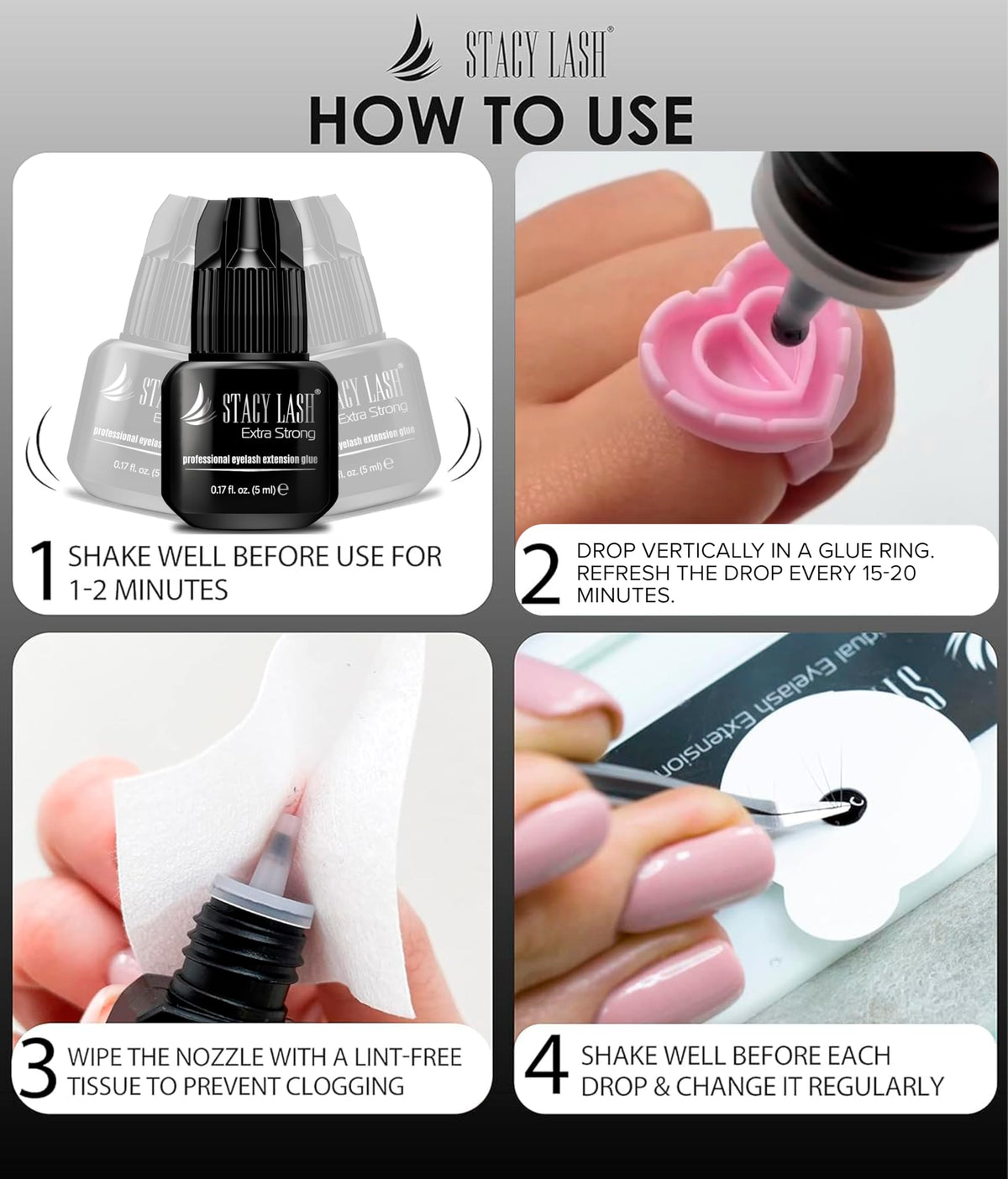 STACY LASH 5ml bottle next to common objects to show compact size and salon portability