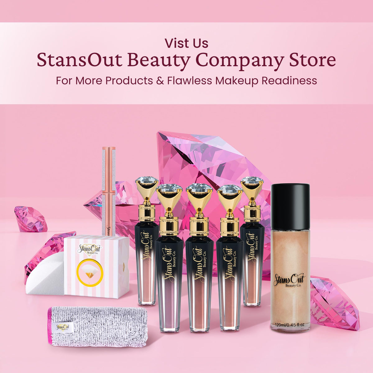 StansOut sponge in a makeup bag on a vanity illustrating travel-ready convenience