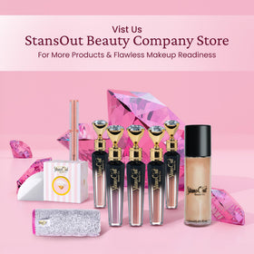 StansOut sponge in a makeup bag on a vanity illustrating travel-ready convenience