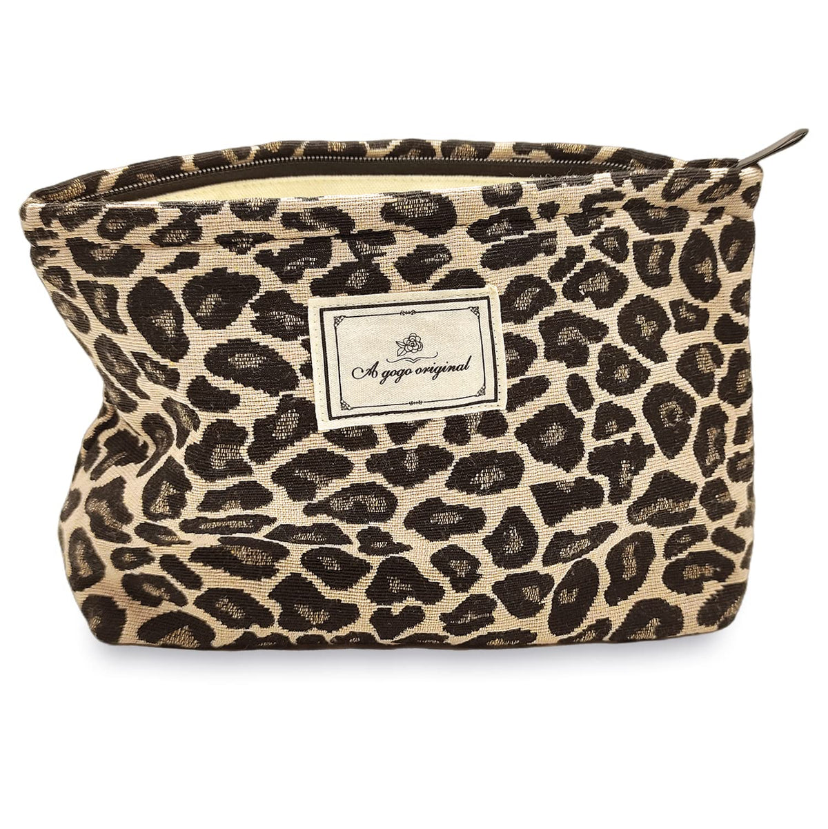 STARDW front view of brown leopard makeup bag showing roomy design and stylish print