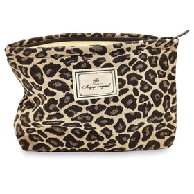 STARDW front view of brown leopard makeup bag showing roomy design and stylish print