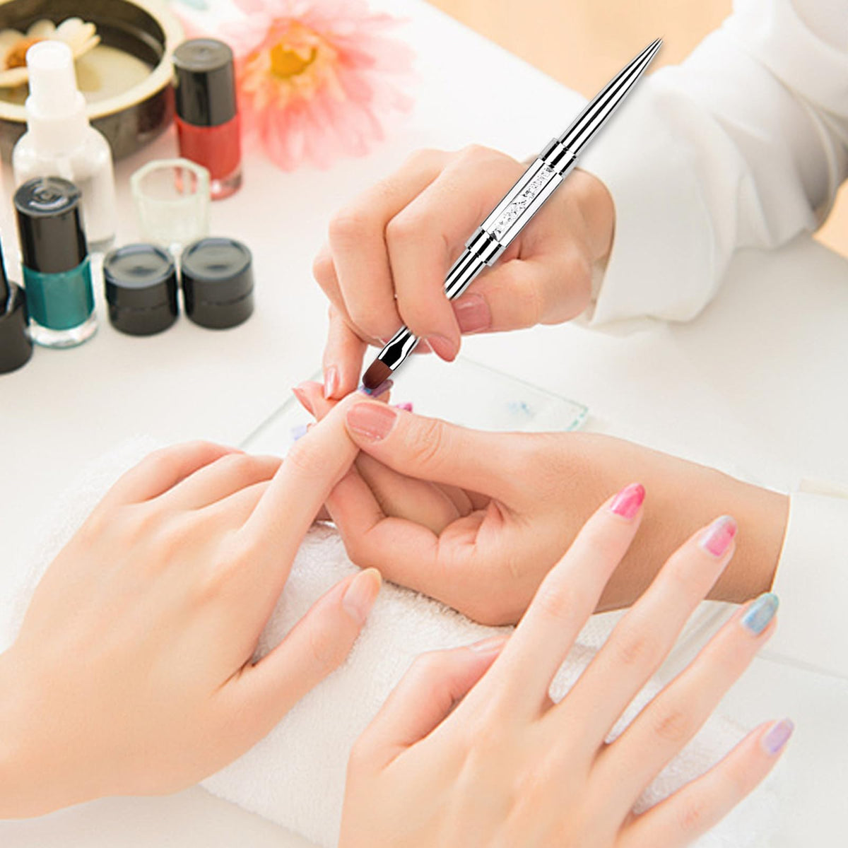 starfa lab brush next to fingertip showing scale for accurate extension sizing