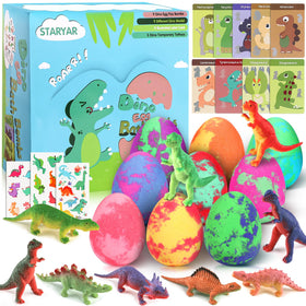 STARYAR front packaging showing nine colorful dino egg bath bombs, gift-ready appeal