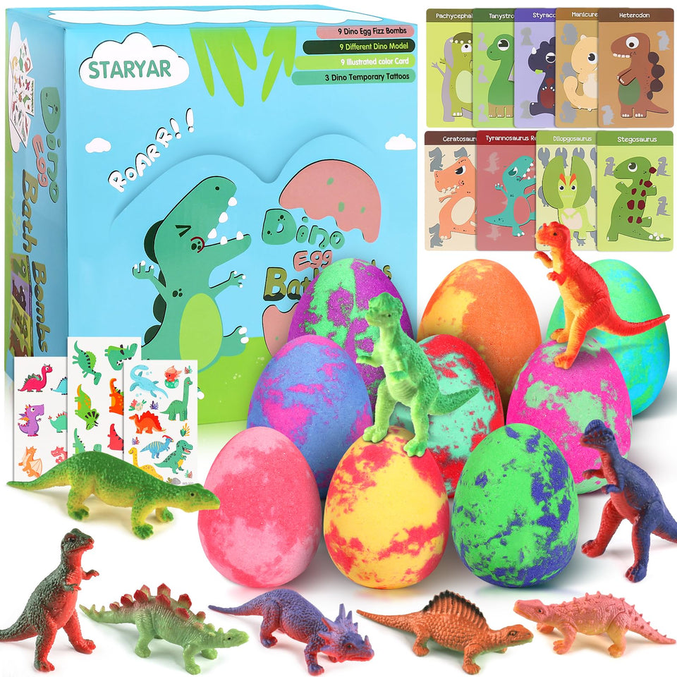 STARYAR front packaging showing nine colorful dino egg bath bombs, gift-ready appeal