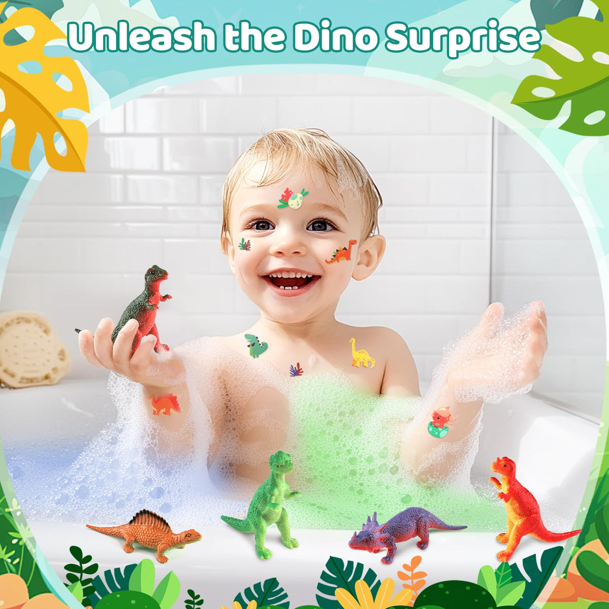 STARYAR dinosaur toy emerging from dissolved bath bomb in tub, surprise and play benefit