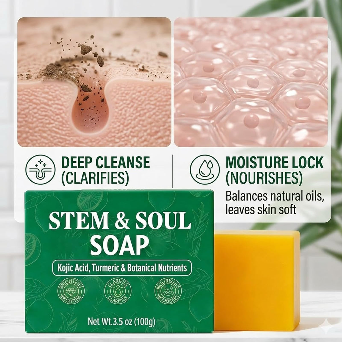 Stem and Soul soap held in hand to show size and easy daily use convenience