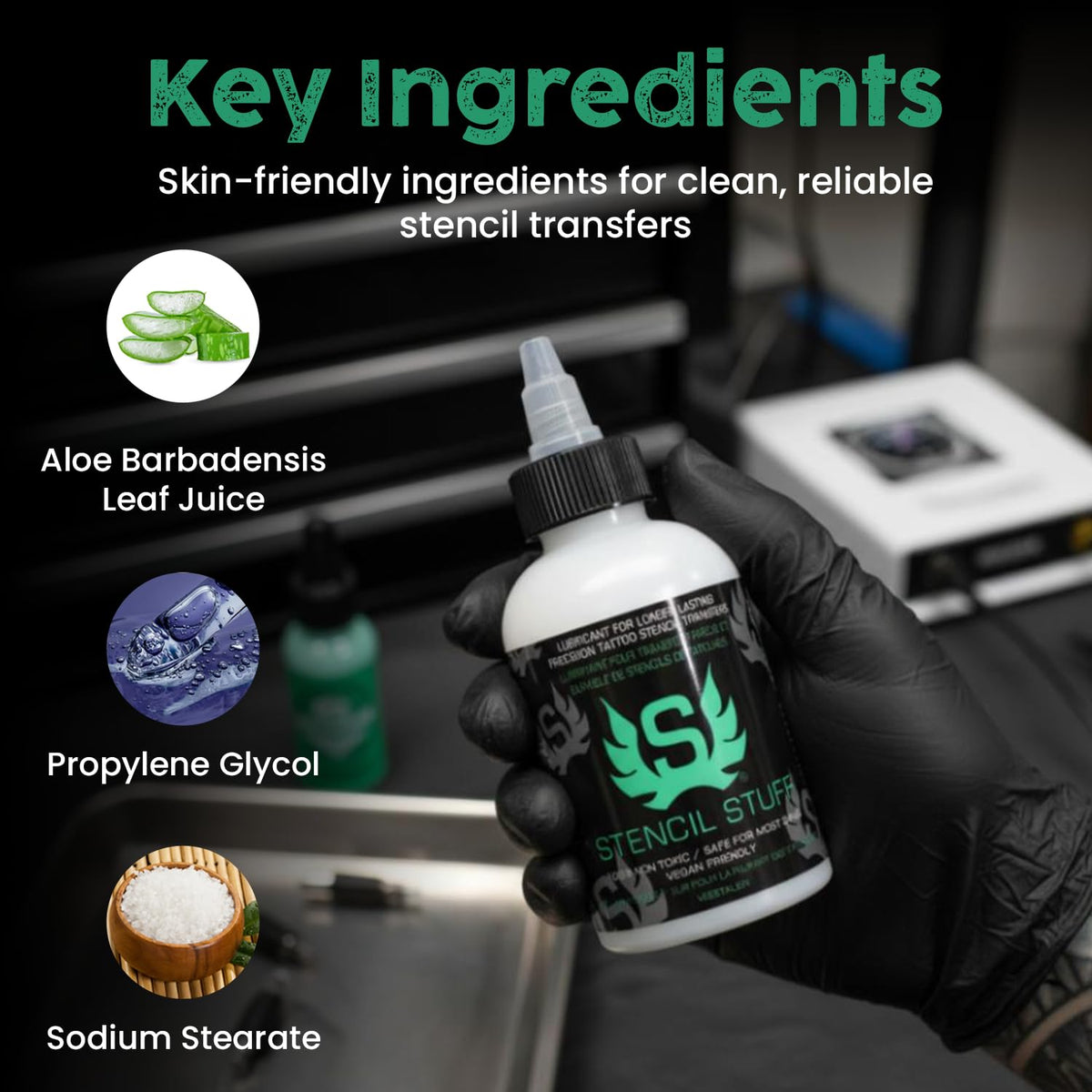Stencil Stuff label detail highlighting vegan-friendly and safe ingredients