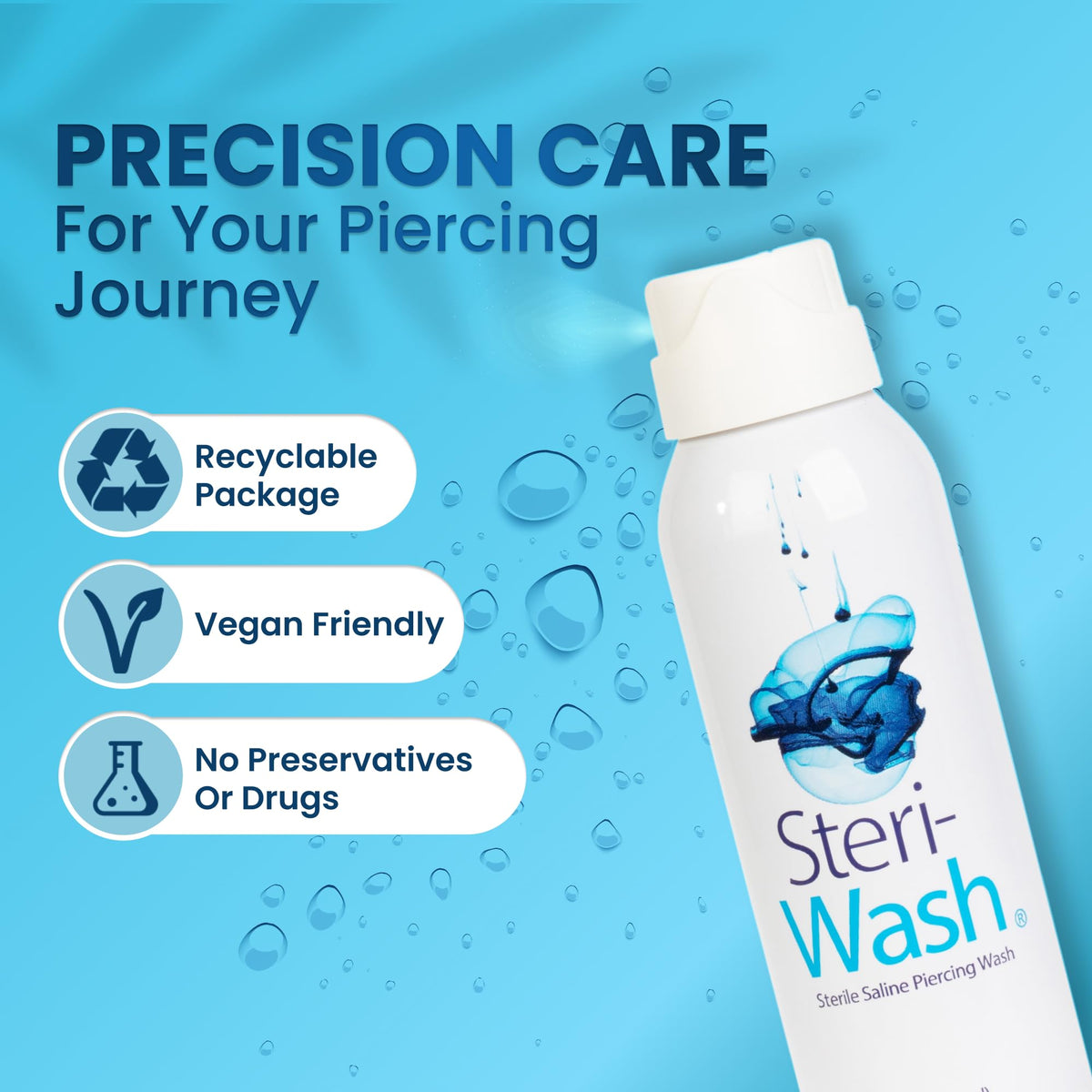Steri-Wash label and ingredient panel showing sterile saline formula and vegan, preservative-free benefit