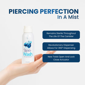 Steri-Wash 3 oz bottle held in hand showing compact travel-friendly size and secure design