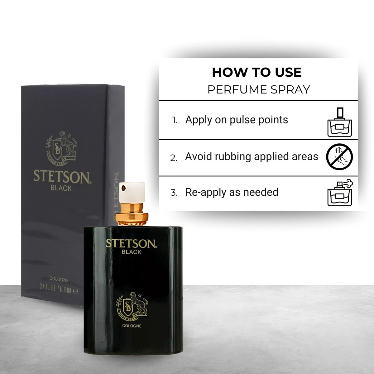 Stetson black spray in use on neck demonstrating lasting masculine scent