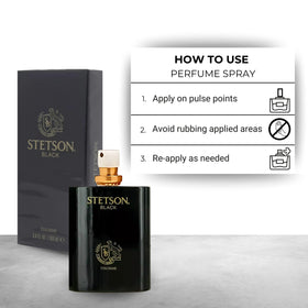 Stetson black spray in use on neck demonstrating lasting masculine scent
