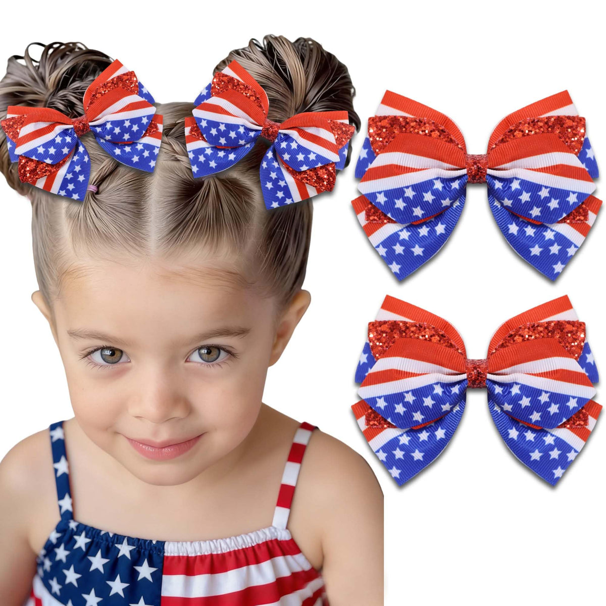STGDAK front view of two red white blue bow clips showing patriotic design and instant style