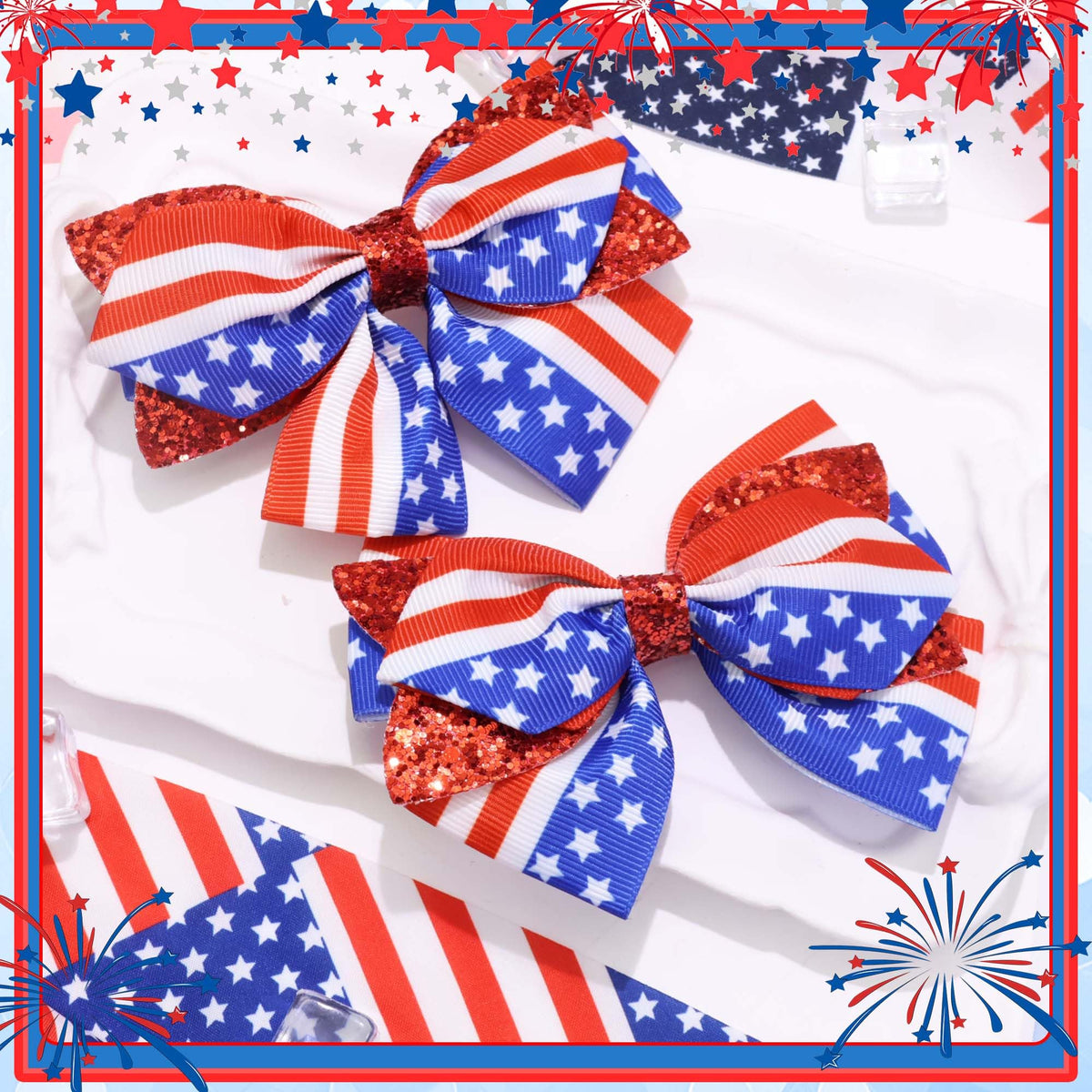 STGDAK bow paired with denim jacket illustrating coordinated patriotic outfit