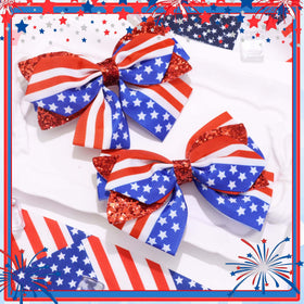 STGDAK bow paired with denim jacket illustrating coordinated patriotic outfit
