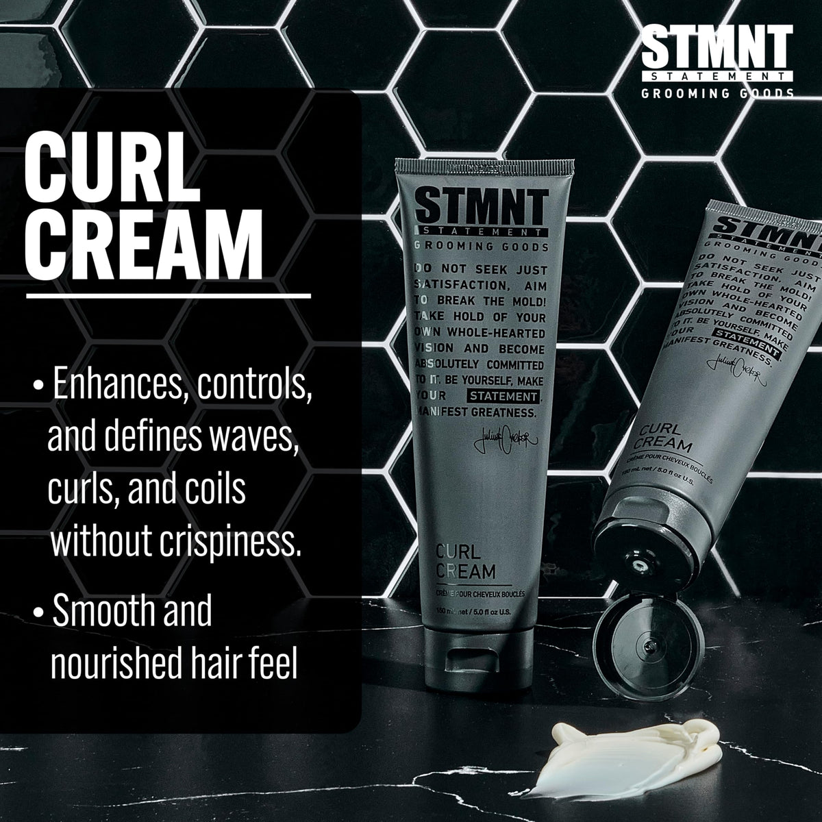 STMNT curl cream in hand being applied to damp hair to enhance curl and moisture